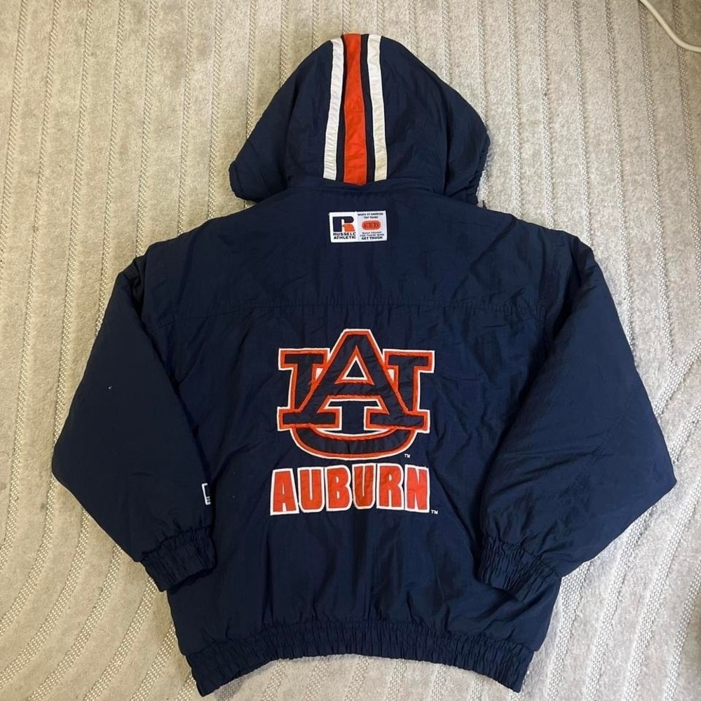 VTG Russell Athletic Auburn Jacket Mens XL Blue Hooded Puffer AU Tigers NCAA